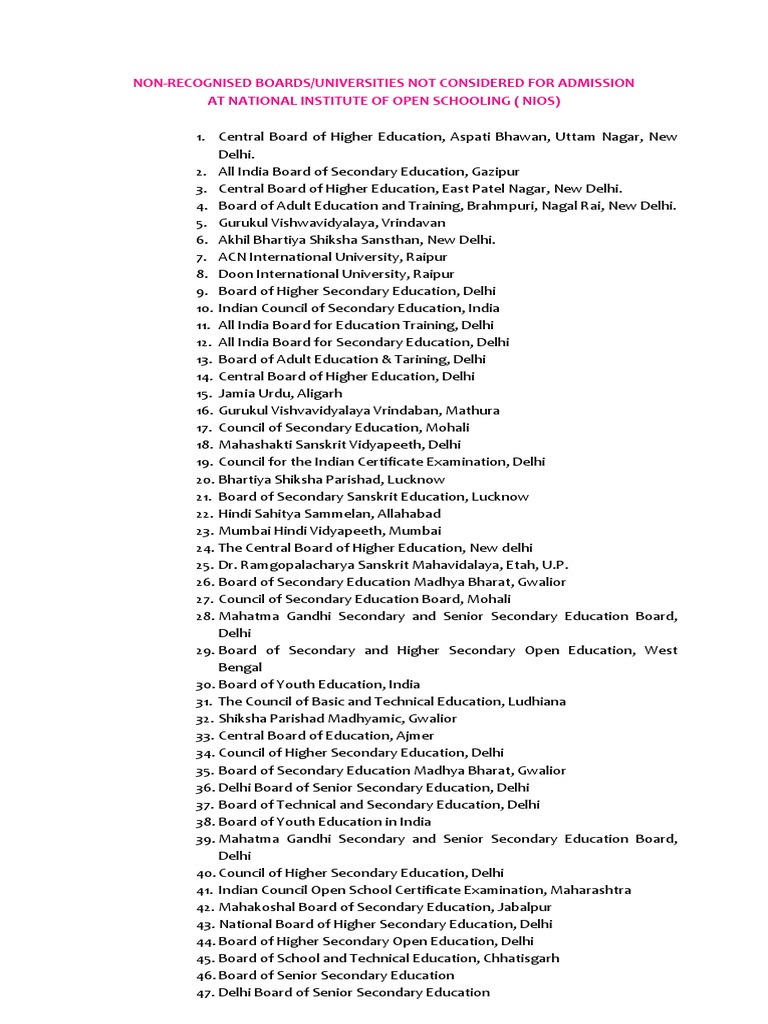 Non Recognised Boards PDF Delhi Schools