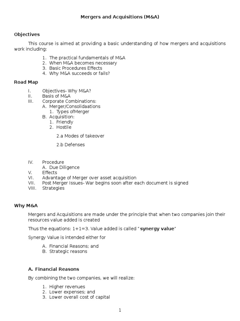 Mergers & Acquisitions Course Guide | PDF | Takeover | Mergers And ...