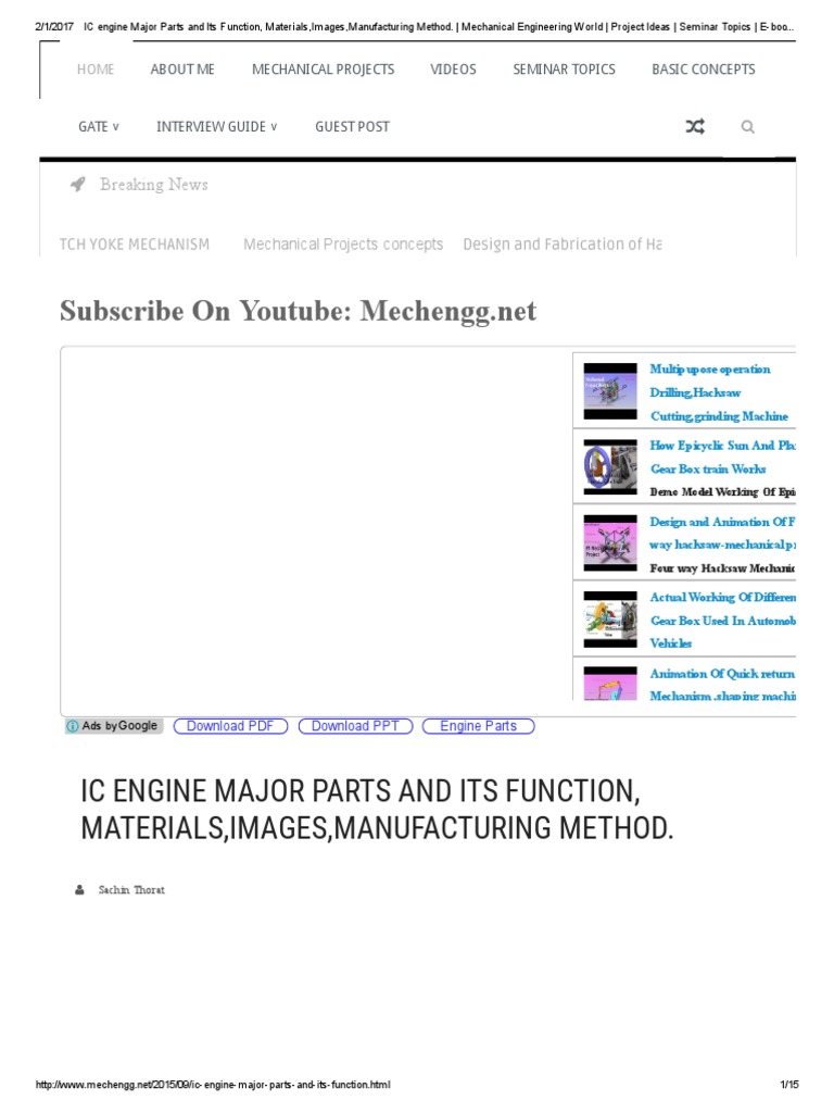 IC Engine Major Parts and Its Function, Materials, Images