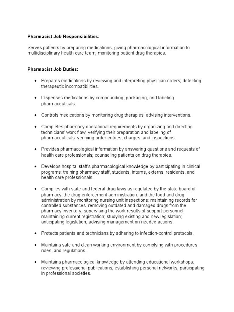 Pharmacist Job Responsibilities PDF