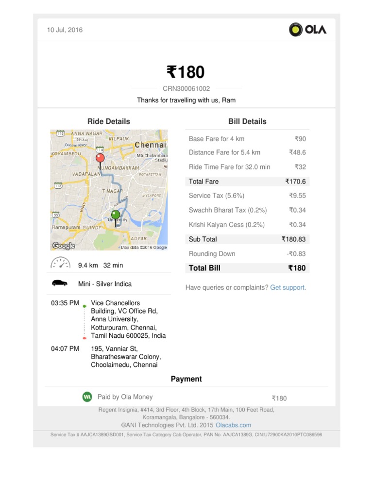 Ola Cab Bill Format for Chennai | PDF