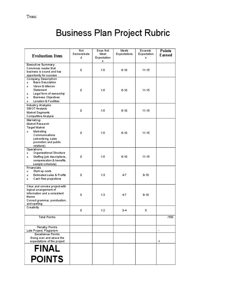 business plan rubric high school