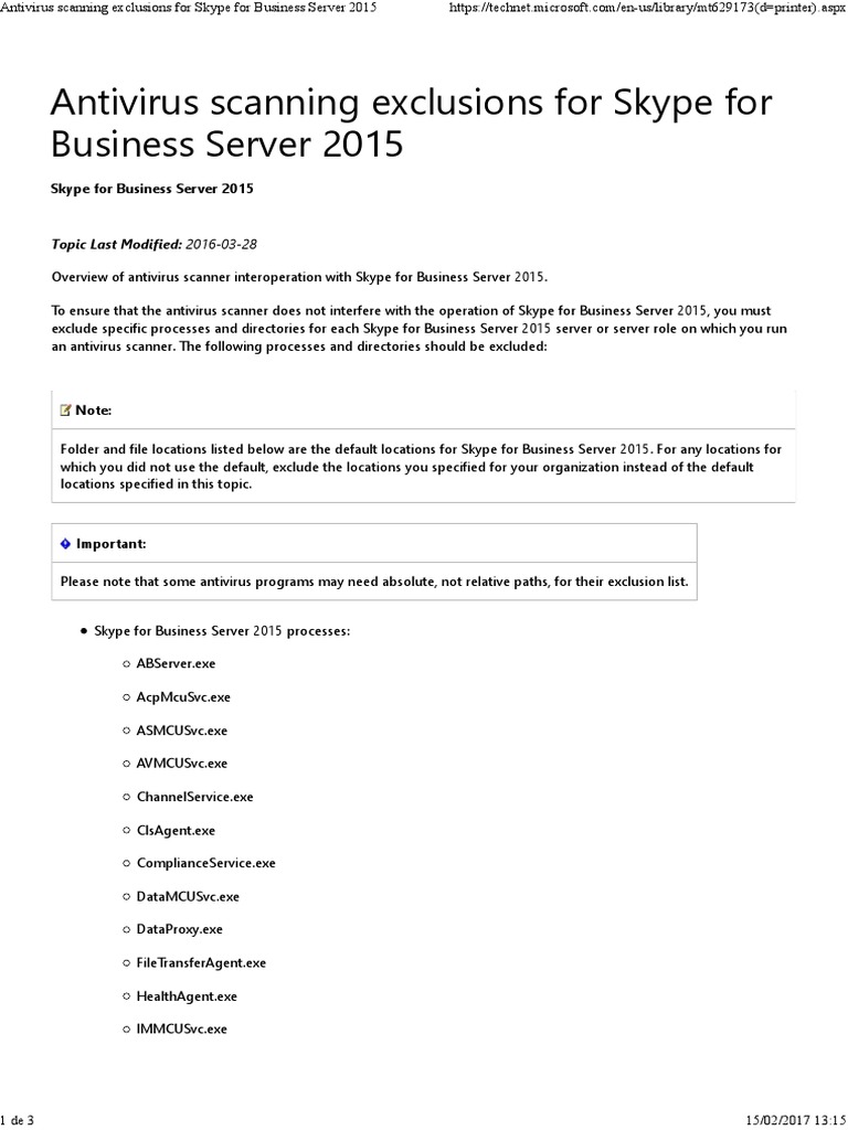 Antivirus Scanning Exclusions For Skype For Business Server 2015 | PDF ...