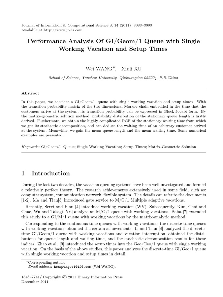 Performance Analysis of GIGeom1 Queue With Single Working Vacation and ...