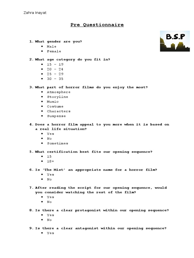 Pre Questionnaire: Male Female | PDF