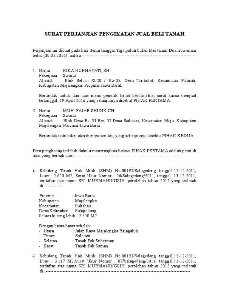 Surat Perjanjian Pengikatan Jual Beli Tanah - Revisi | PDF