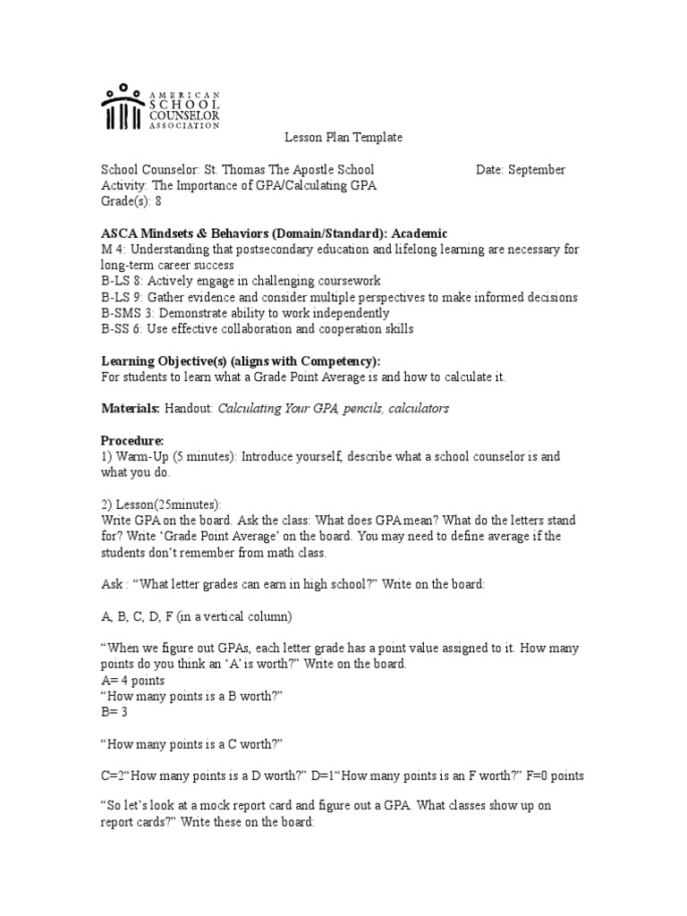 Calculating GPA Lesson Plan PDF School Counselor Standardized Tests