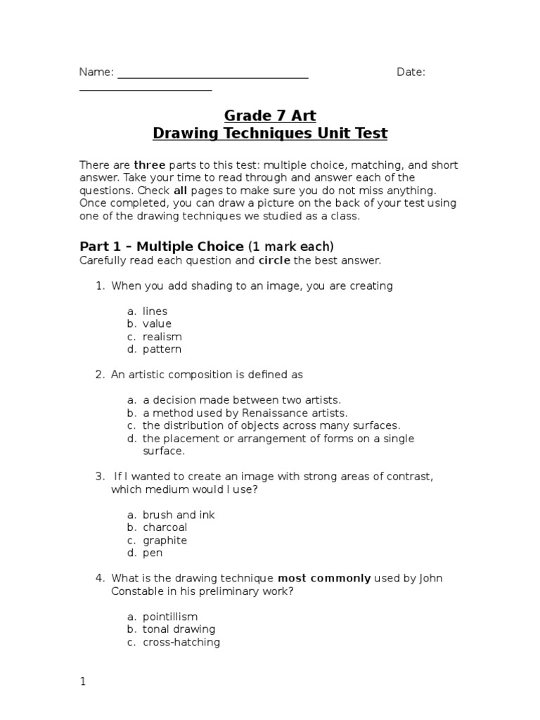 Grade 7 Art Drawing Techniques Test | PDF
