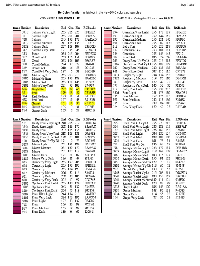 DMC Floss to RGB Values Conversion Chart | Yellow | Rgb Color Model