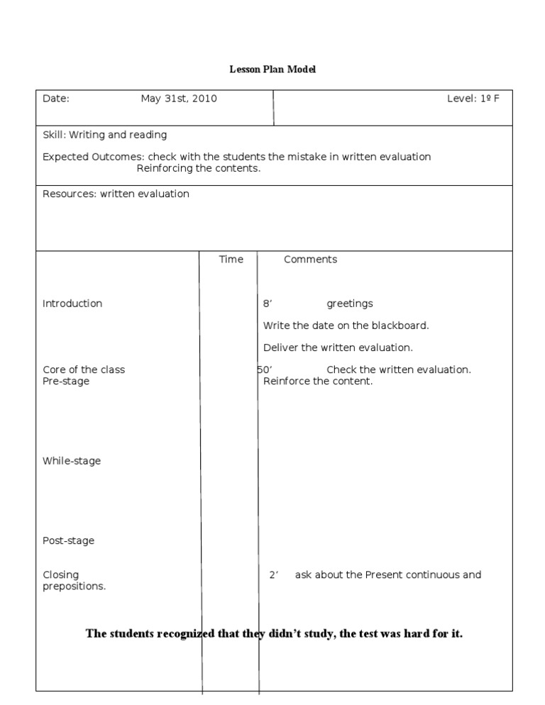 Lesson Plan Model: The Students Recognized That They Didn't Study, The ...