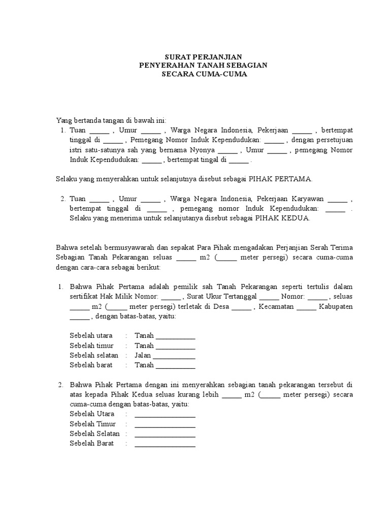 Contoh Surat Persetujuan Penyerahan Tanah Kepada Satu Pihak