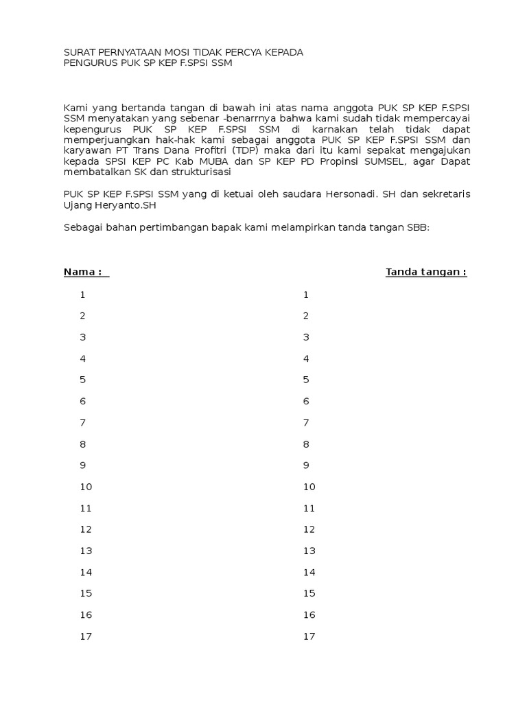 Surat Pernyataan Mosi Tidak Percaya Docx
