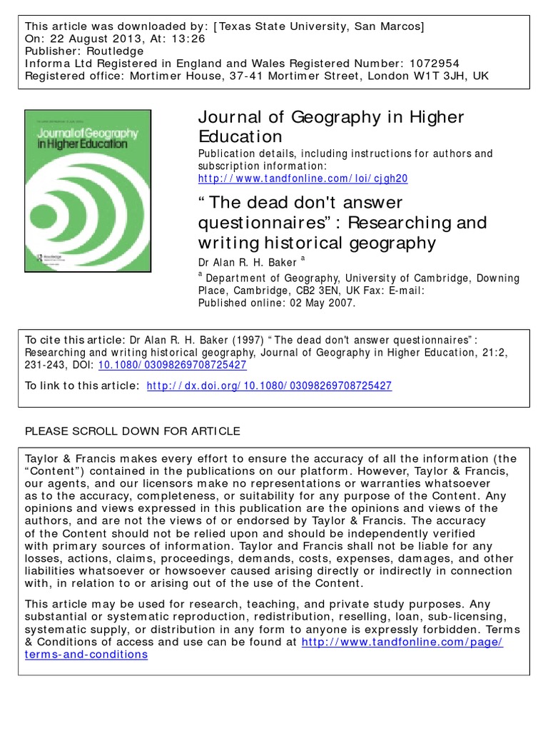 Baker 1997 Researching and Writing Historical Geography PDF