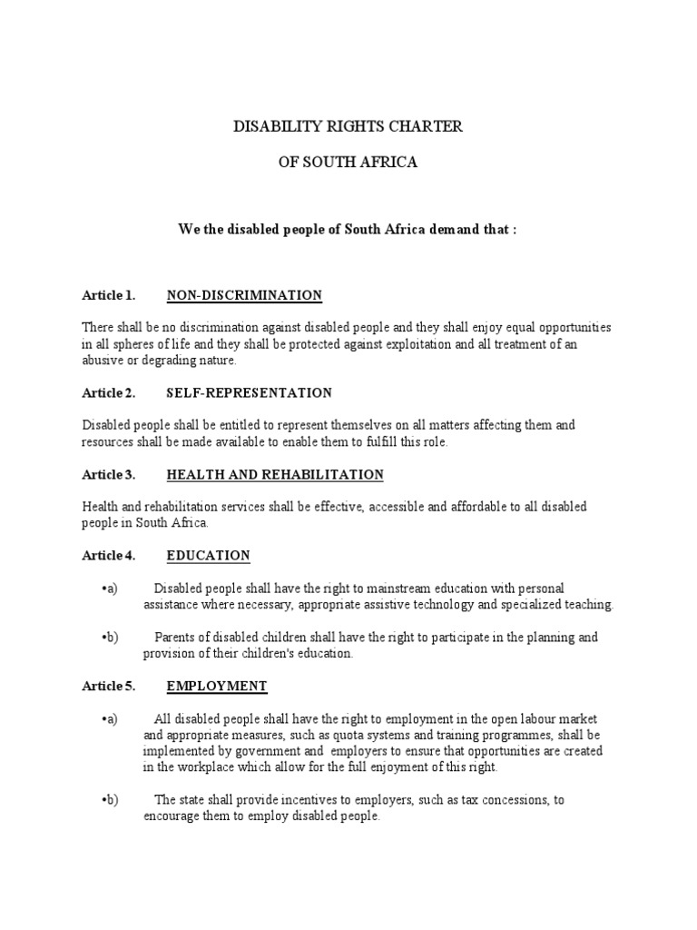 South Africa Disability Rights Charter | PDF | Disability | Discrimination