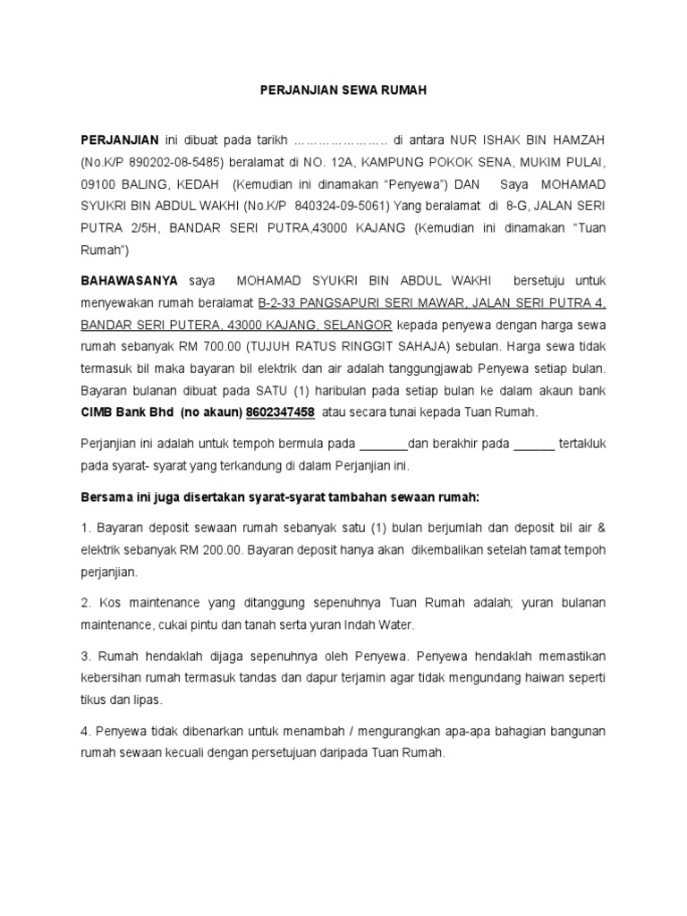 Contoh Perjanjian Sewa Rumah Ringkas Pdf