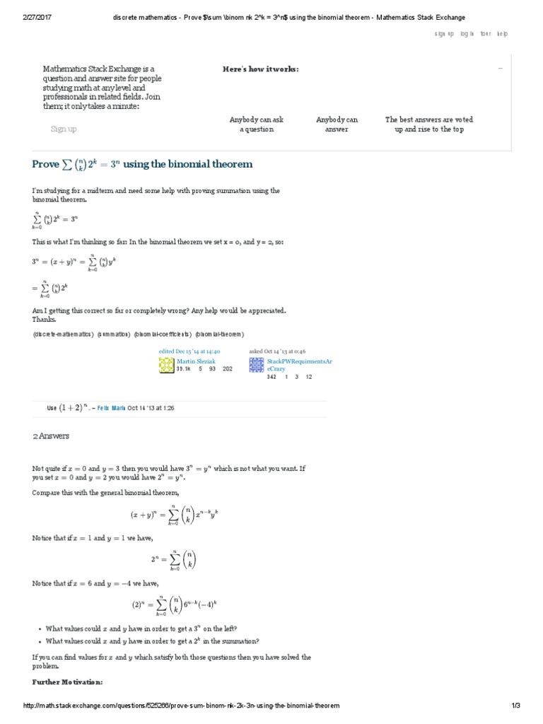 Proving Summation with Binomial Theorem | PDF | Summation | Discrete ...