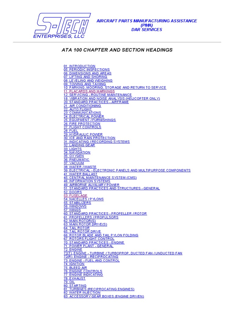 ATA 100 Chapters | Aviation | Aeronautics