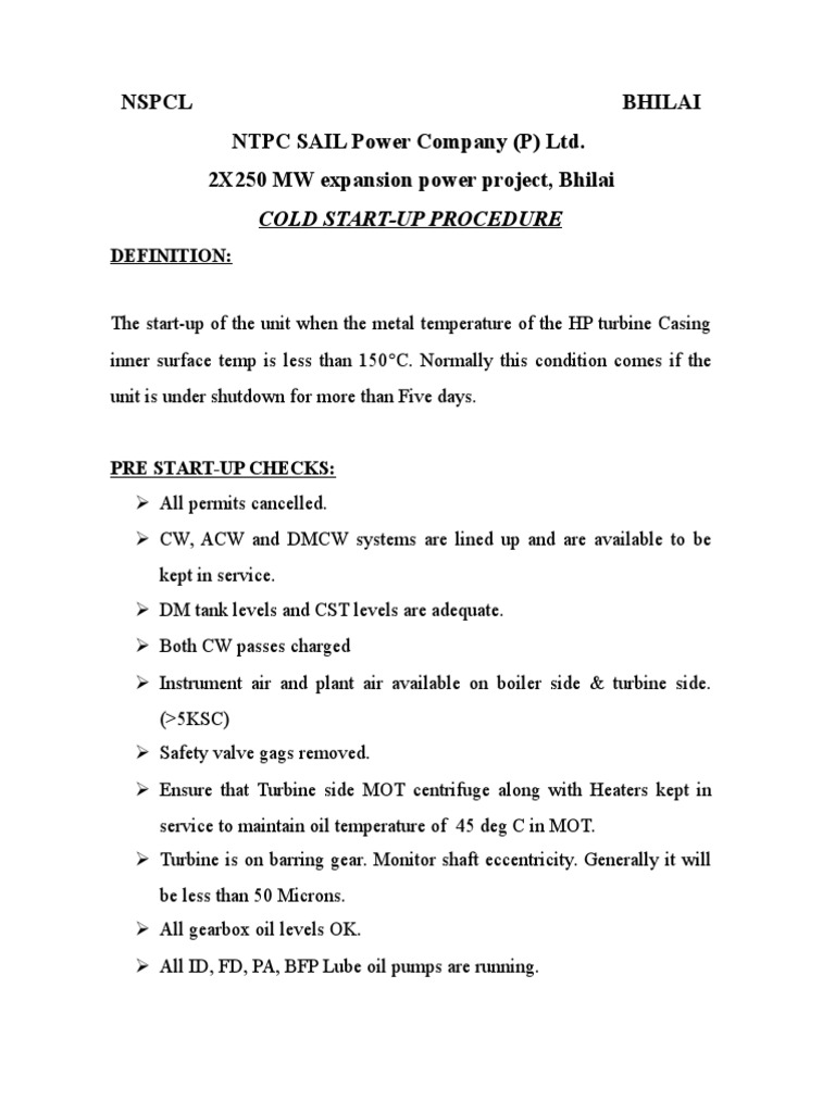 Cold Start Up Procedure PDF Valve Boiler