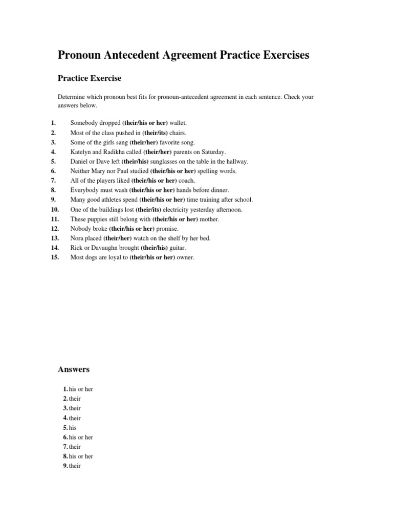 Pronoun Antecedent Agreement Exercises | PDF | Language Arts & Discipline