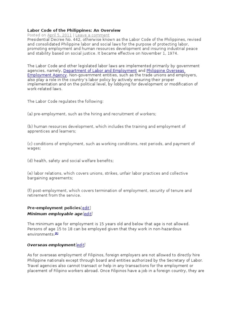 Labor Code of The Philippines | PDF | Trade Union | Employment