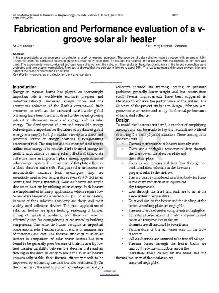 Fabrication and Performance Evaluation of A V Groove Solar Air Heater ...