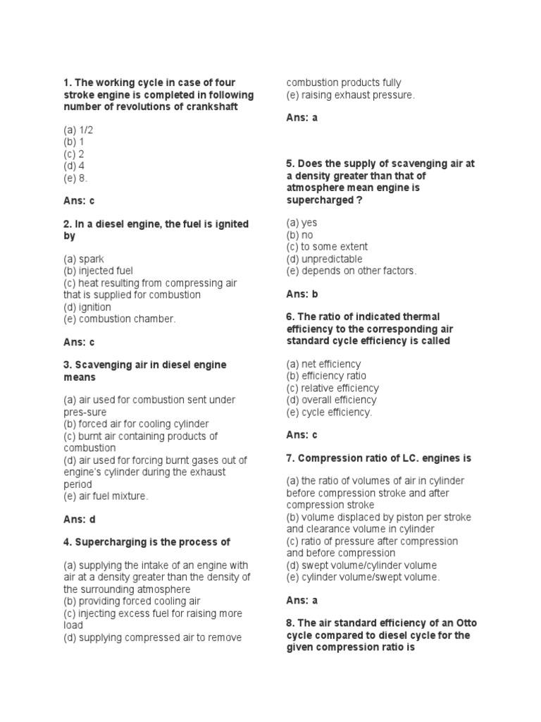 Top 250 I.C. Engine Multiple Choice Questions and Answers PDF