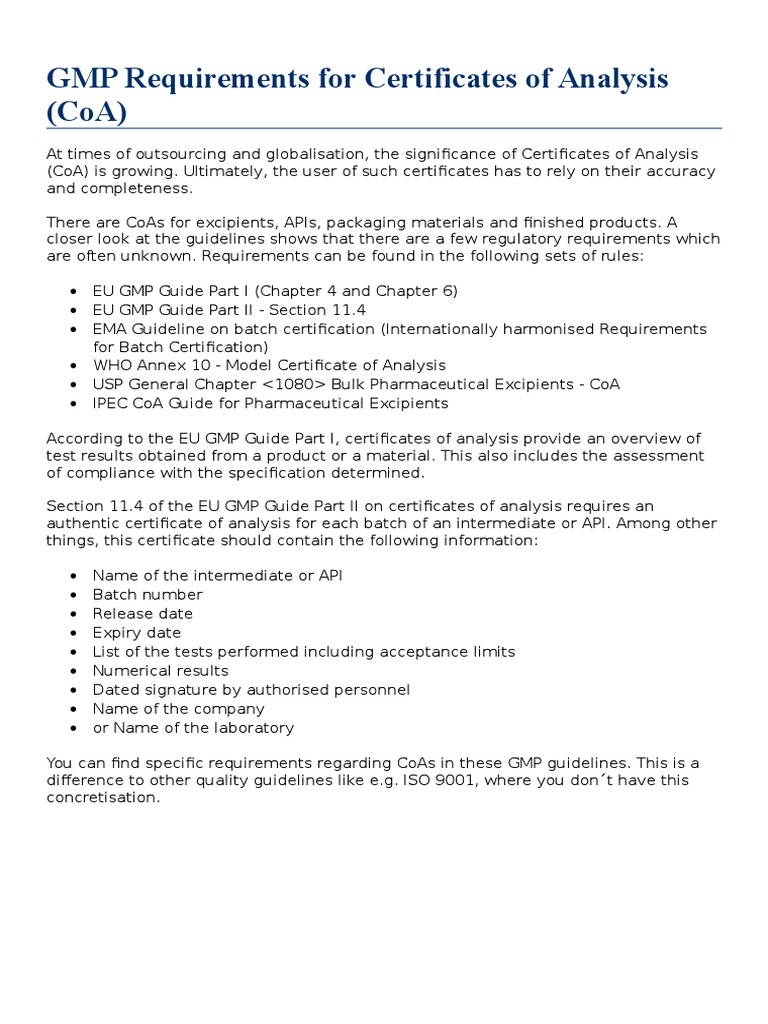 GMP Requirements For Certificates of Analysis PDF