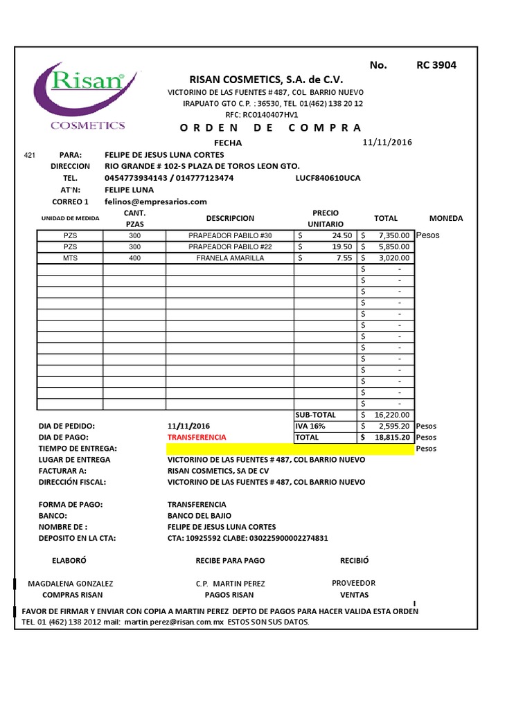 Orden de compra para la adquisición de productos de limpieza a ...