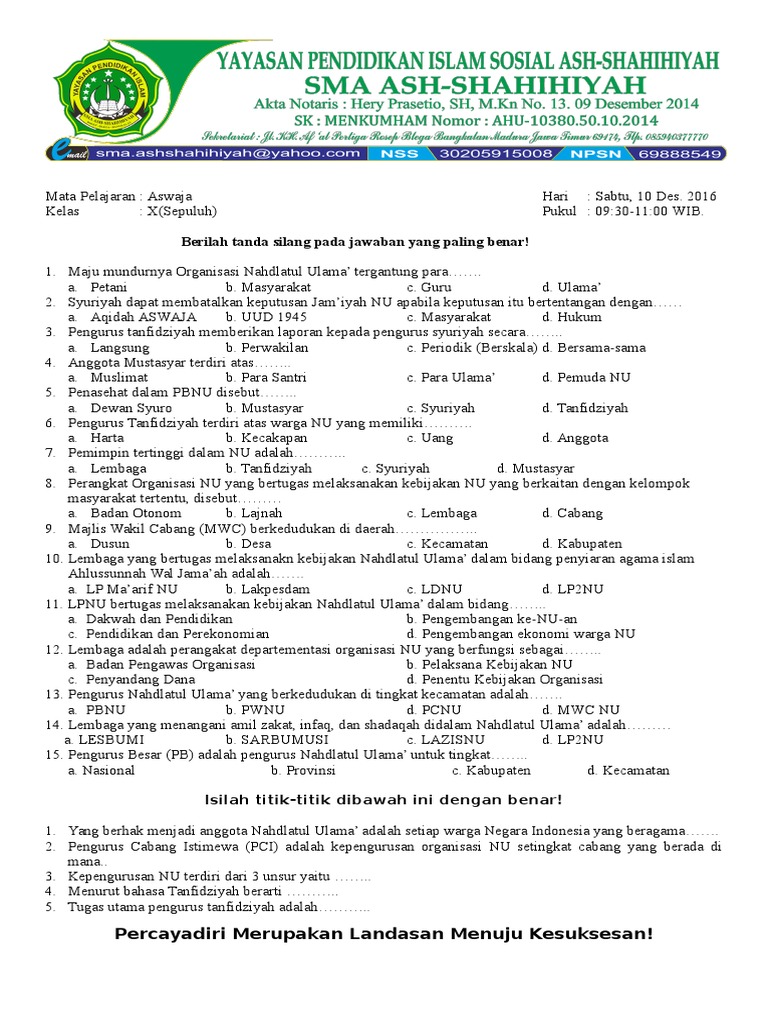 Soal Aswaja Kelas X, Xi, Xii PDF