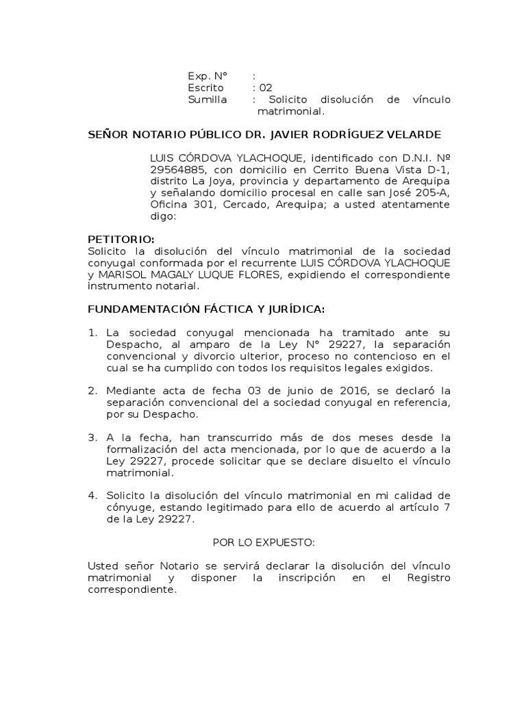 Solicitud Divorcio Notarial | PDF