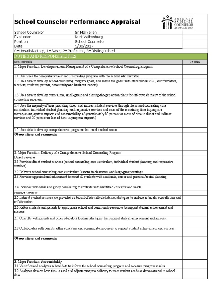 SC Appraisal School Counselor Performance Appraisal