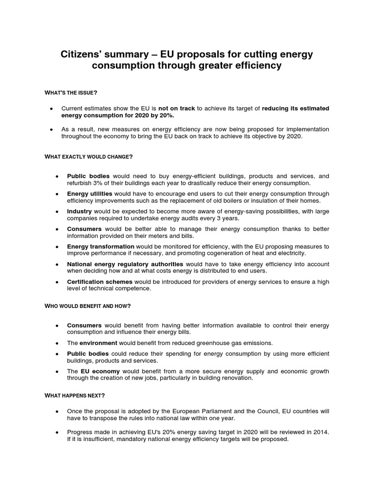 EU Energy Efficiency Proposals Summary | PDF | Efficient Energy Use ...
