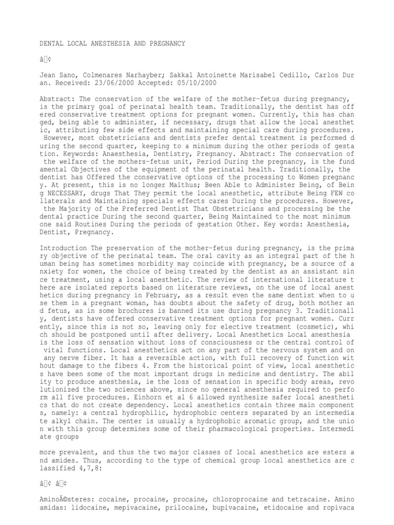 Dental Local Anesthesia and Pregnancy PDF Anesthesia Pregnancy