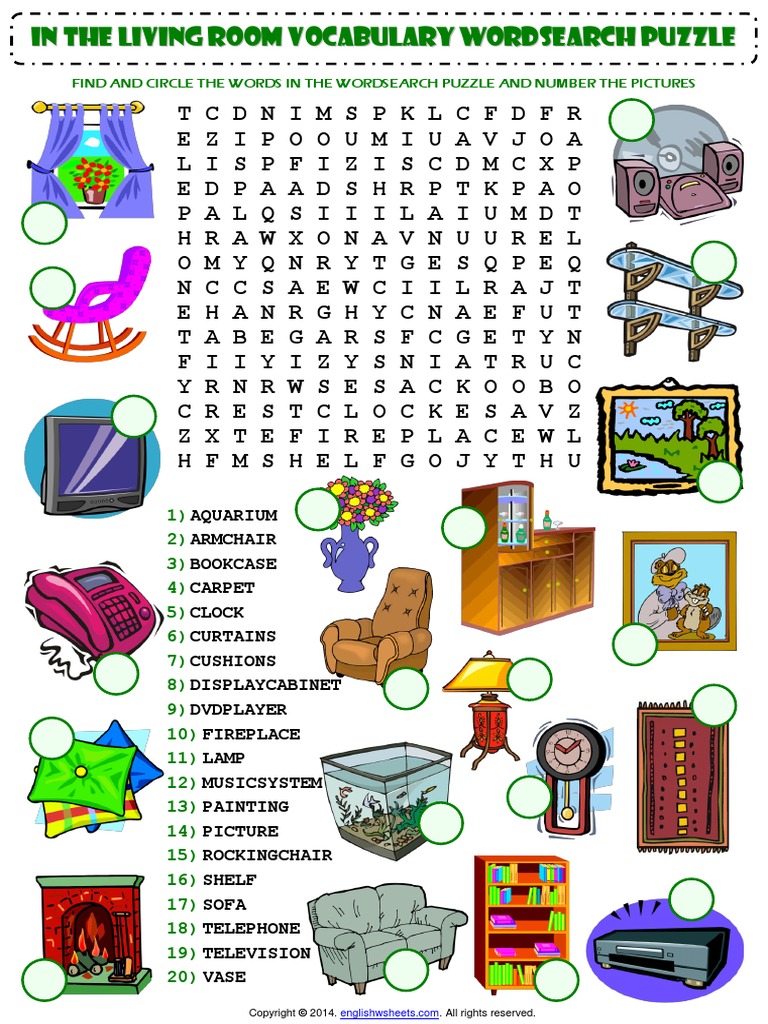 in the living room esl vocabulary wordsearch puzzle worksheet pdf word search word puzzles