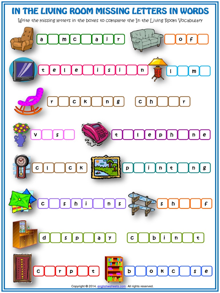 in the living room missing letters in words esl worksheet copyright