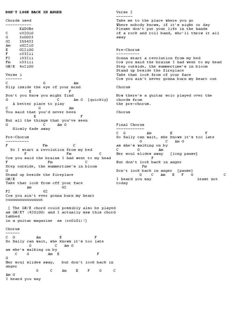 Don T Look Back In Anger Song Structure Songs