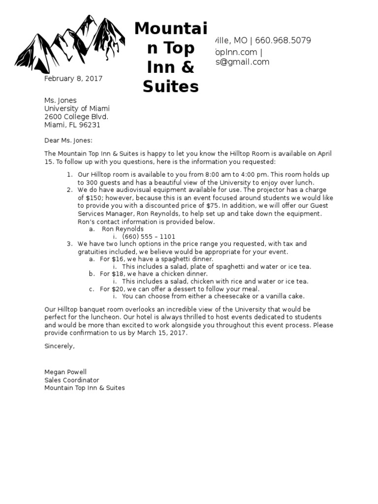 Hilltop Room Booking Details for Event | PDF