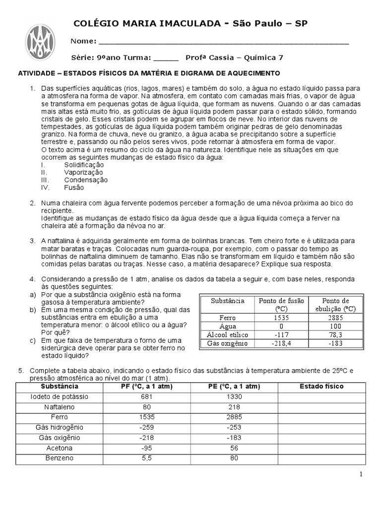 7 - Exercícios - Estado Físico Da Matéria | PDF | Granizo | Temperatura