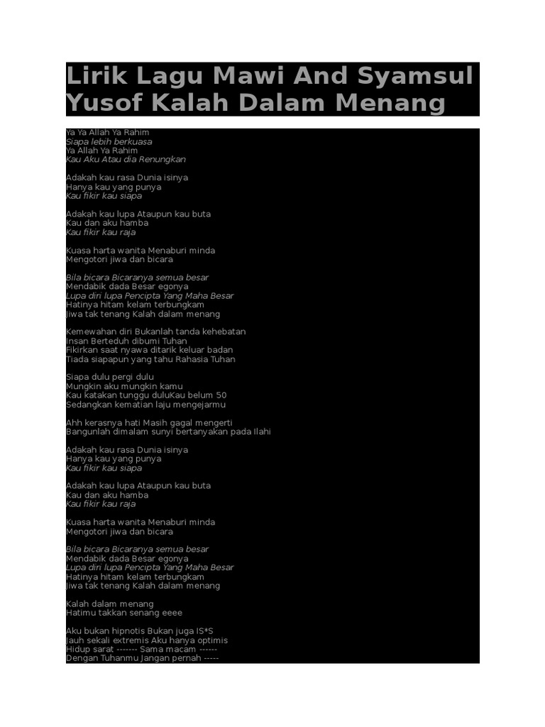 Lirik Lagu Mawi And Syamsul Yusof Kalah Dalam Menang Pdf