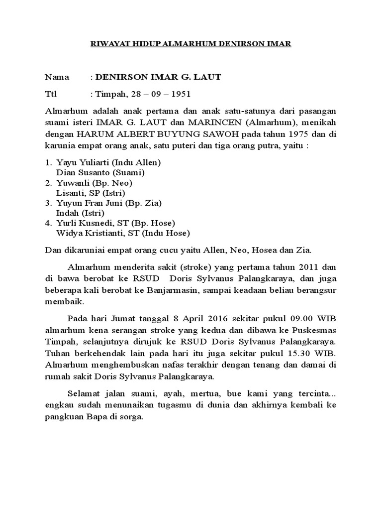 Riwayat Hidup Almarhum Denirson Imar