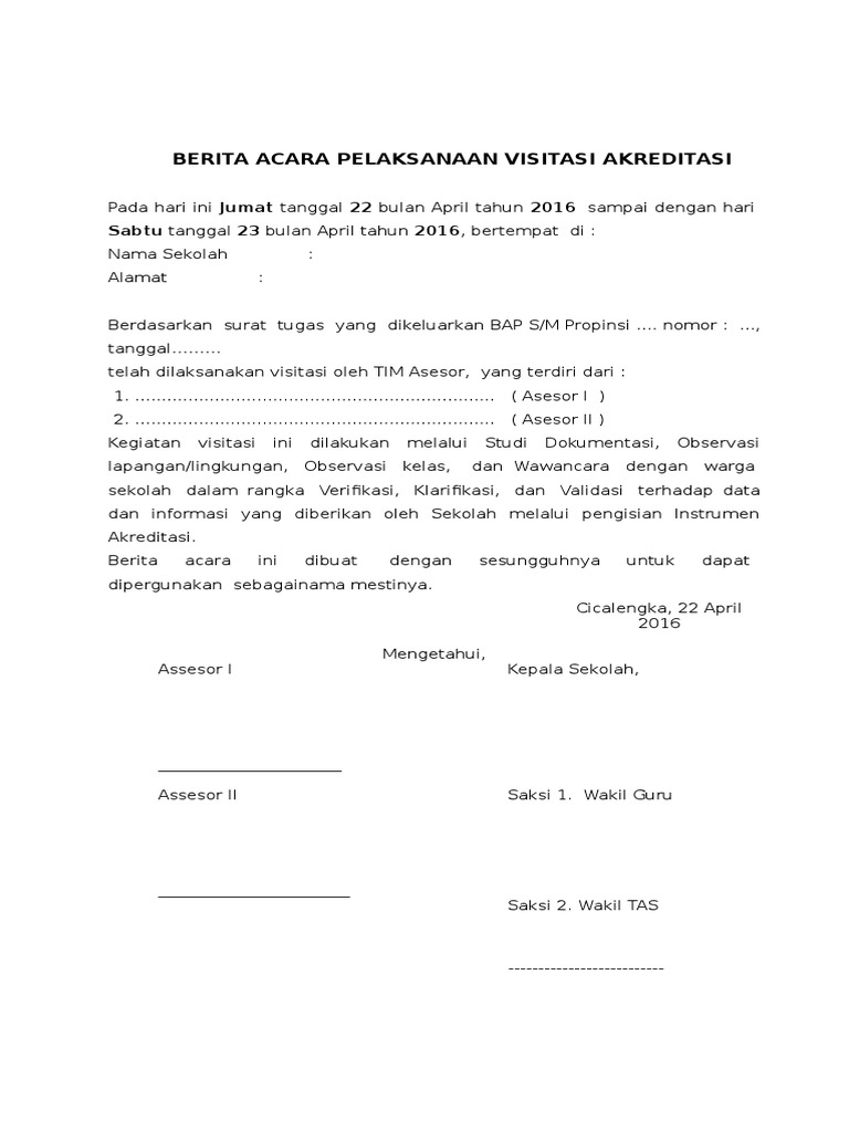Berita Acara Pelaksanaan Visitasi Akreditasi