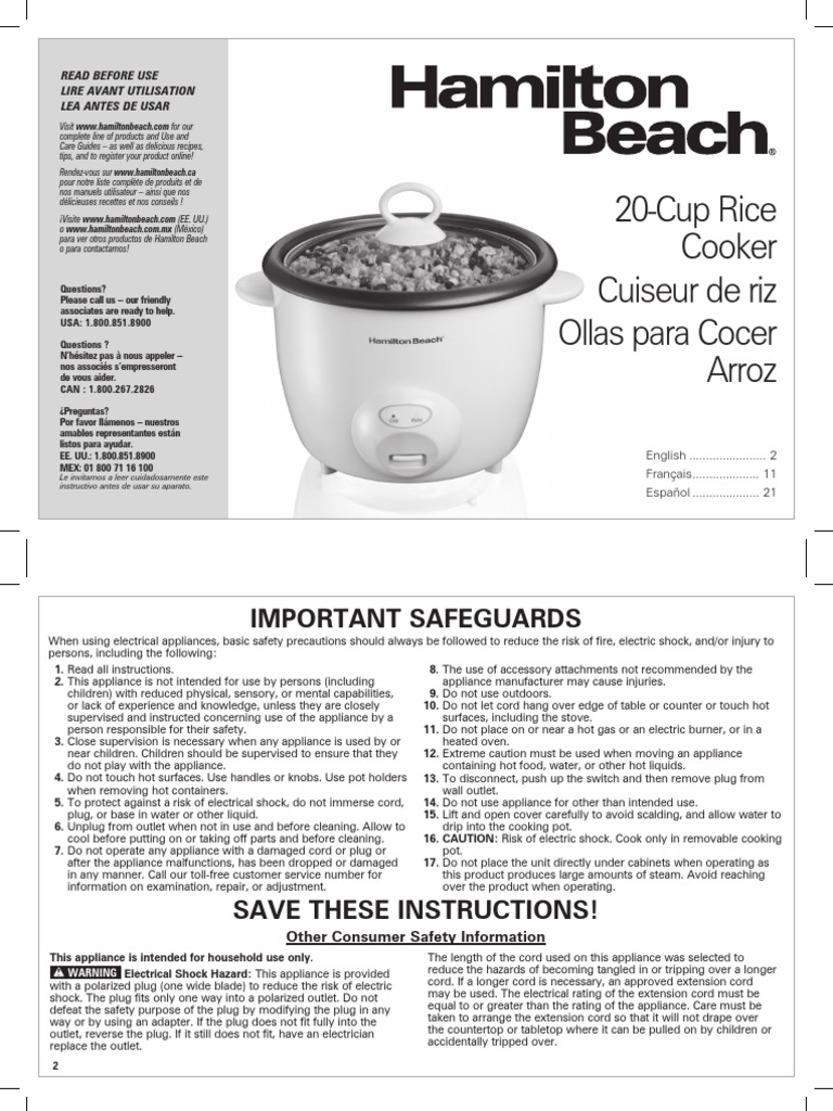Hamilton Beach 20Cups Rice Cooker 37532N User Guide Home Appliance
