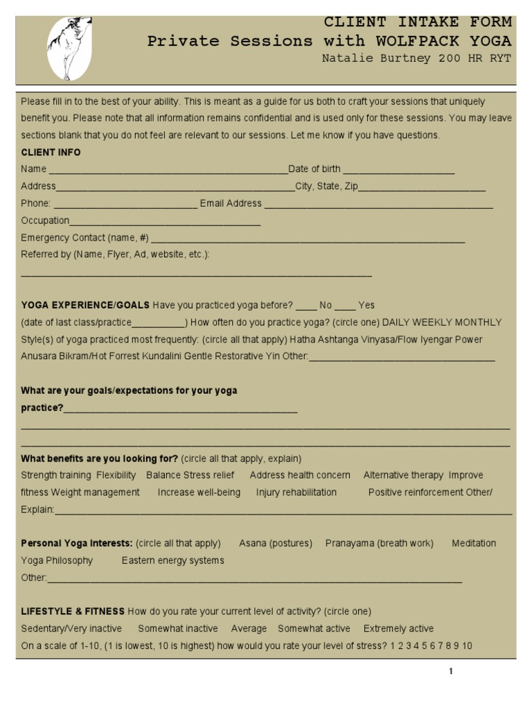 Wolfpack Yoga Private Session Intake Form Yoga Medicine
