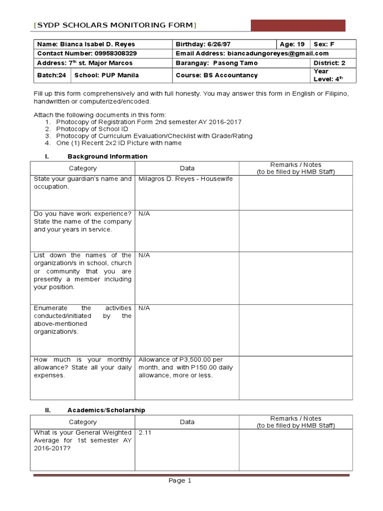 Monitoring Form 1st Sem S.Y. 2016-2017 | PDF | Fee | Tuition Payments