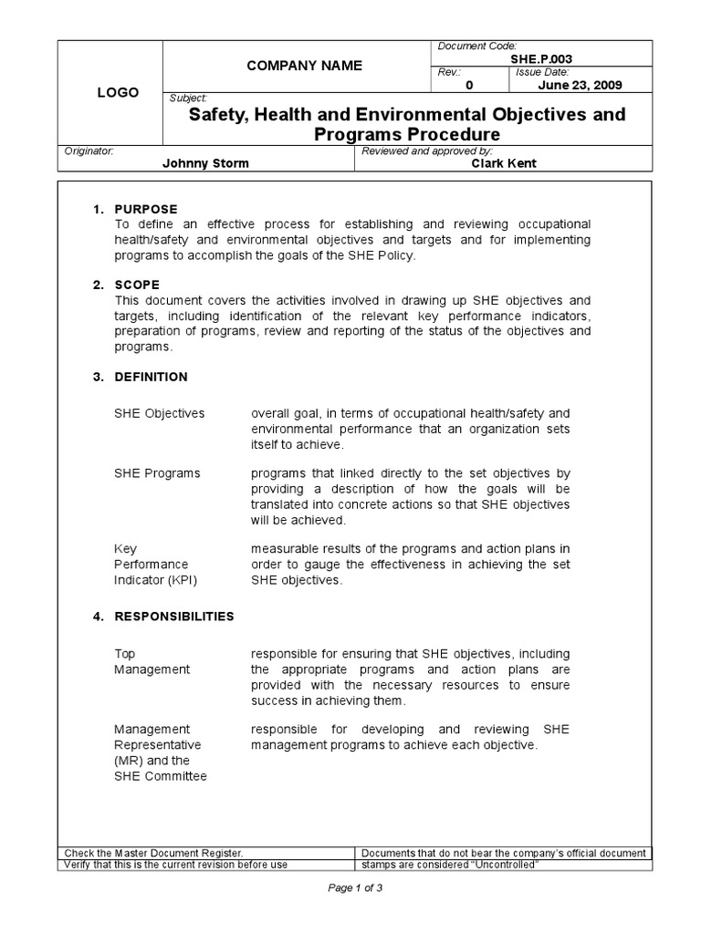 Safety Health and Environment Objectives and Programs Procedure
