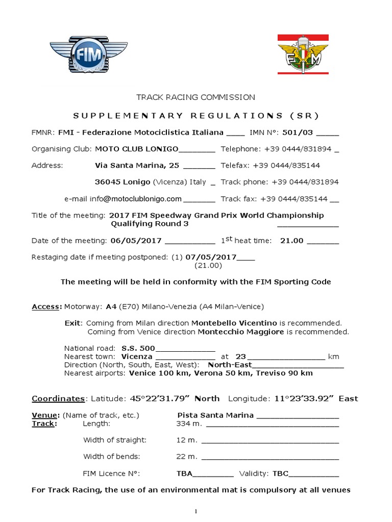 Track Racing Commission Supplementary Regulations (SR) PDF Wire
