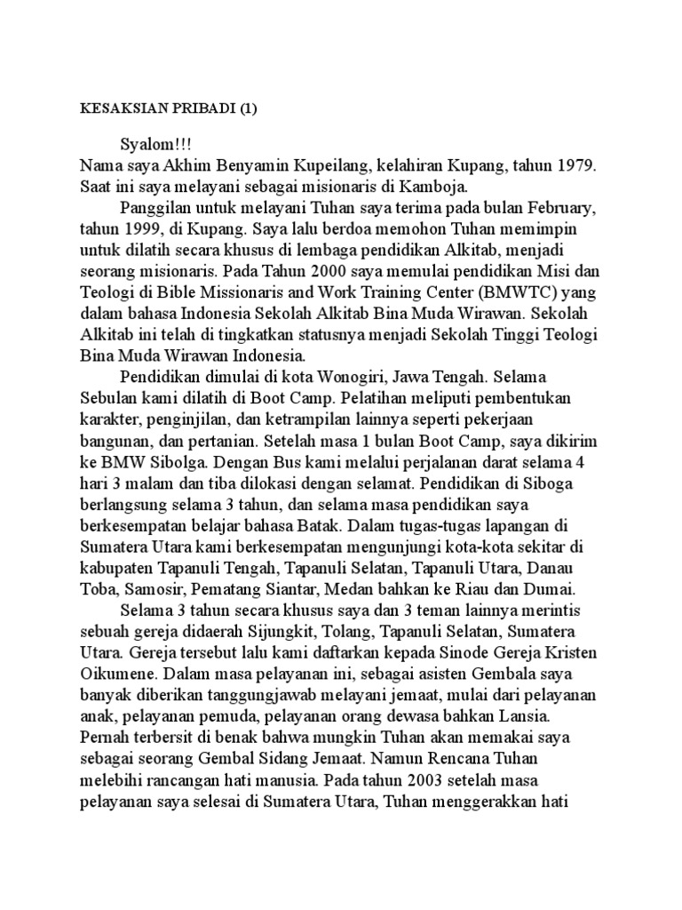 CONTOH KESAKSIAN PRIBADI