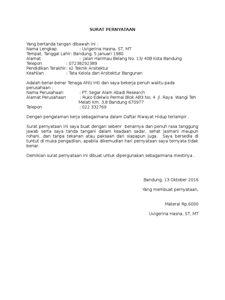 Contoh Surat Pernyataan Tenaga Ahli Untuk Perusahaan