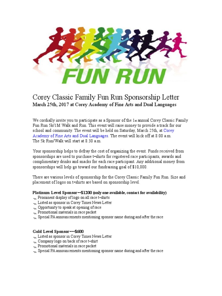 corey classic family fun run sponsorship letter | Sponsor (Commercial