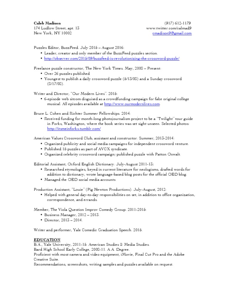 Caleb Madison Resume | PDF | Crossword | Mass Media